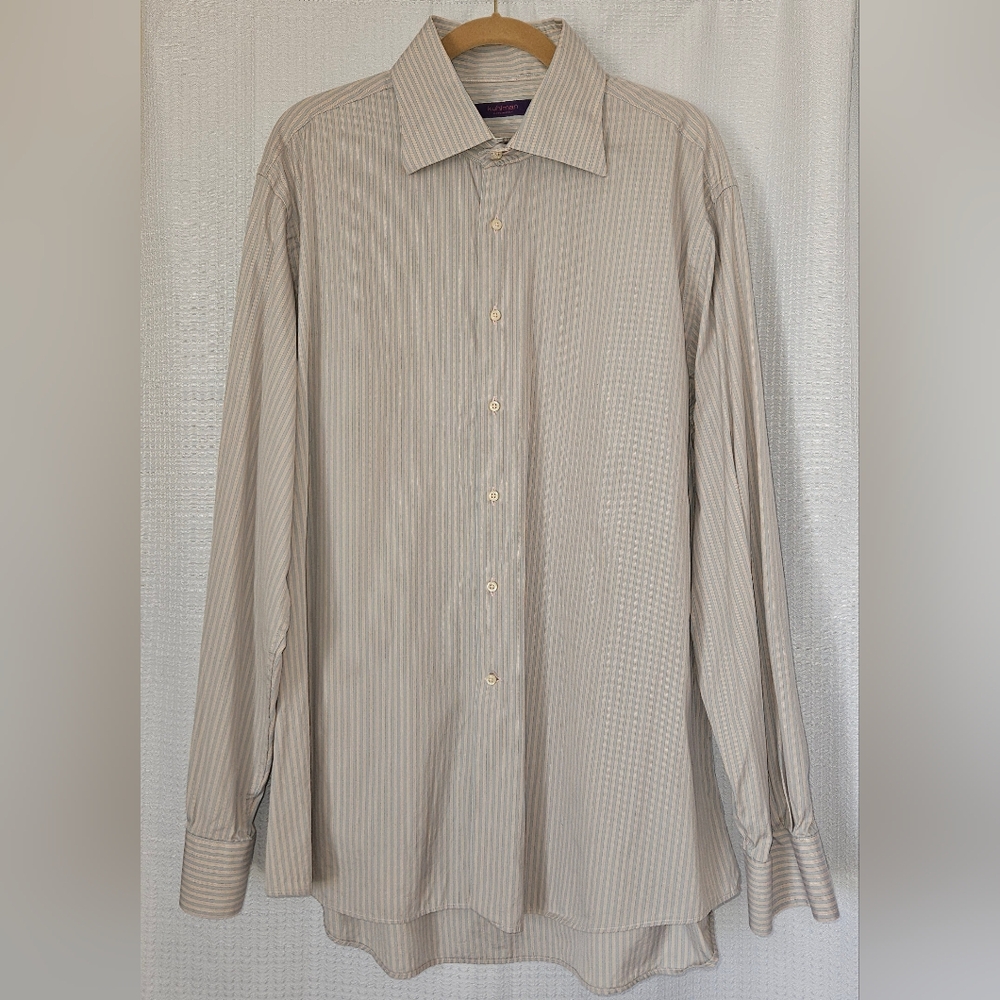 Kuhlman Shirt Mens Sz 46 Button Front Cotton Off White Blue & Pink Stripes